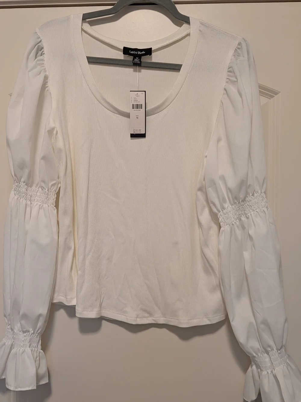 Anthropologie Lea &Viola White Puff Sleeve Scoop Neck Top